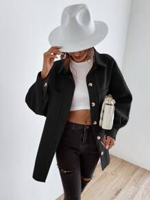 SHEIN LUNE Drop Shoulder Pocket Patched Coat - Black - View 1
