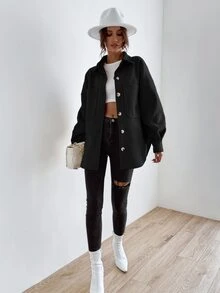 SHEIN LUNE Drop Shoulder Pocket Patched Coat - Black - View 3