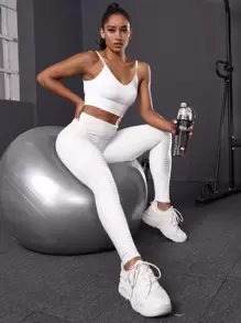 Solid Honeycomb Textured Sports Leggings - White - View 4