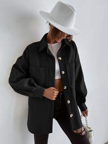 SHEIN LUNE Drop Shoulder Pocket Patched Coat - Black - View 4