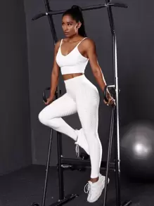 Solid Honeycomb Textured Sports Leggings - White - View 5