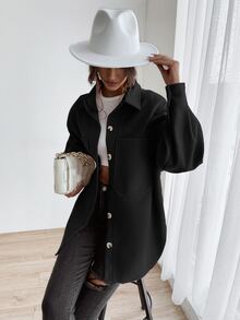 SHEIN LUNE Drop Shoulder Pocket Patched Coat - Black - View 5