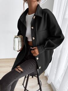 SHEIN LUNE Drop Shoulder Pocket Patched Coat - Black - View 6