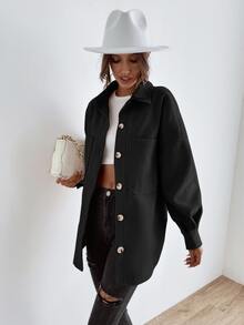 SHEIN LUNE Drop Shoulder Pocket Patched Coat - Black - View 7