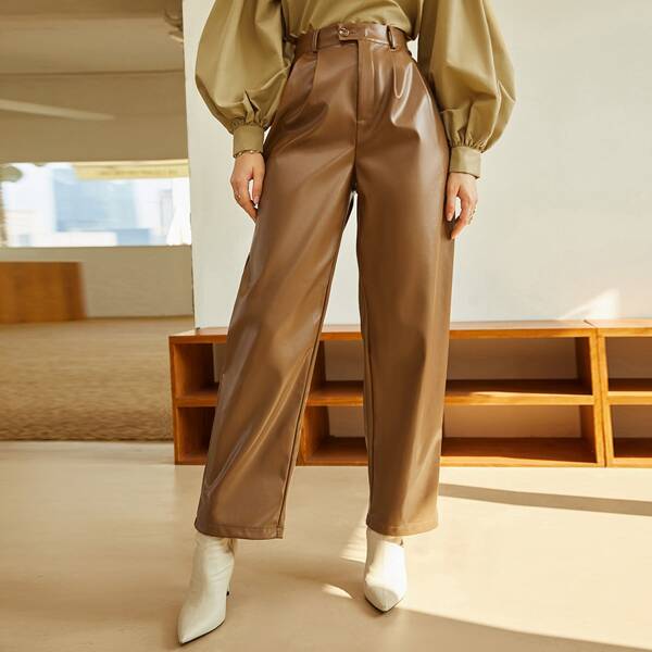 

High Waist Plicated Detail PU Leather Pants, Brown