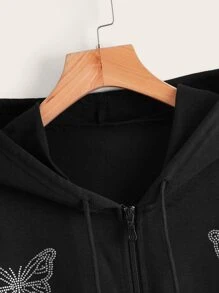 ROMWE Fairycore Quần áo thể thao nữ Dây kéo Túi Pha lê kim cương Loại bướm Giải trí - màu đen - Xem 3