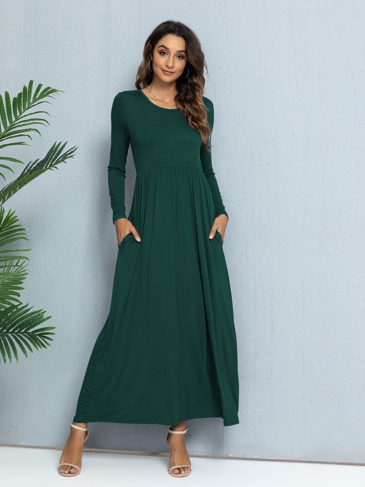 Solid Color Round Neck Long Sleeve A-Line Dress With Hidden Pockets - Dark Green - View 1