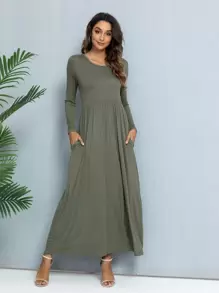 DEARCASE Solid Color Round Neck Long Sleeve A-Line Dress With Hidden Pockets - Army Green - View 1