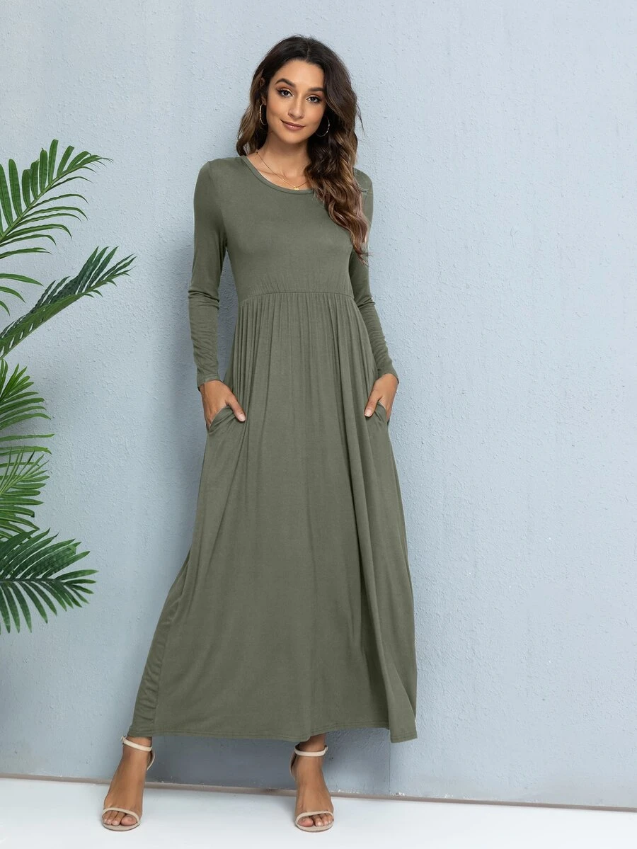 DEARCASE Solid Color Round Neck Long Sleeve A-Line Dress With Hidden Pockets - Army Green - View 1