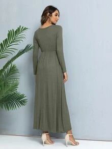 DEARCASE Solid Color Round Neck Long Sleeve A-Line Dress With Hidden Pockets - Army Green - View 2