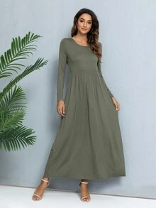 DEARCASE Solid Color Round Neck Long Sleeve A-Line Dress With Hidden Pockets - Army Green - View 3
