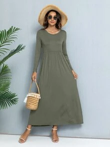 DEARCASE Solid Color Round Neck Long Sleeve A-Line Dress With Hidden Pockets - Army Green - View 4
