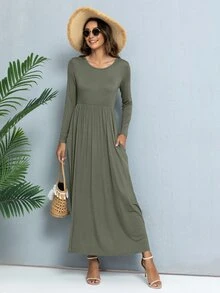 DEARCASE Solid Color Round Neck Long Sleeve A-Line Dress With Hidden Pockets - Army Green - View 5