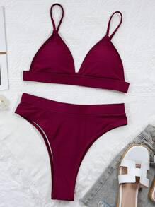 Triangle High Waisted Bikini, For Summer Beach Vacation - Burgundy - View 3