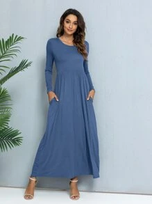 DEARCASE Solid Round Neck Long Sleeve Hidden Pocket A-Line Dress - Dusty Blue - View 1
