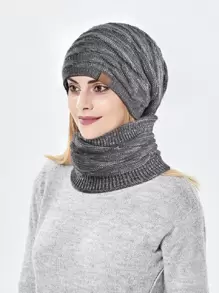 2 件套针织帽和围巾套装，保暖内衬，冬季秋季休闲日常穿着 - 灰色 - 查看 1