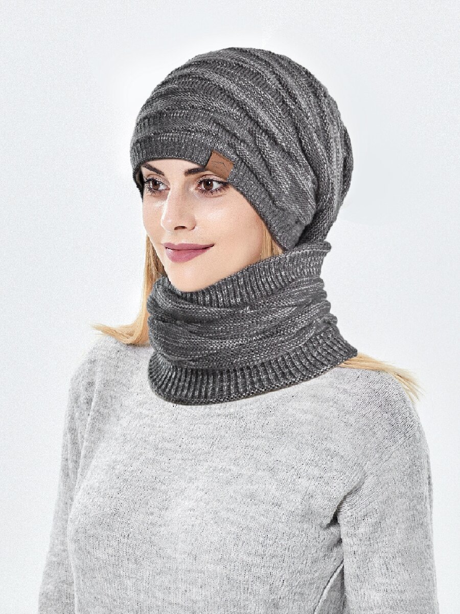2 件套针织帽和围巾套装，保暖内衬，冬季秋季休闲日常穿着 - 灰色 - 查看 1