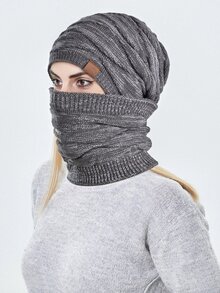 2 件套针织帽和围巾套装，保暖内衬，冬季秋季休闲日常穿着 - 灰色 - 查看 2