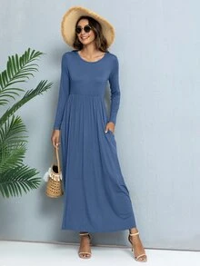 DEARCASE Solid Round Neck Long Sleeve Hidden Pocket A-Line Dress - Dusty Blue - View 4