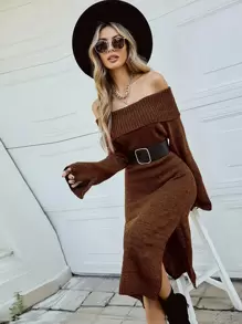 Off Shoulder Fold Over Split Thigh Jumper Dress Without Belt - Coffee Brown - View 1