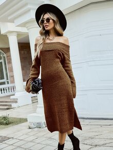 Off Shoulder Fold Over Split Thigh Jumper Dress Without Belt - Coffee Brown - View 4