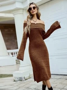 Off Shoulder Fold Over Split Thigh Jumper Dress Without Belt - Coffee Brown - View 6