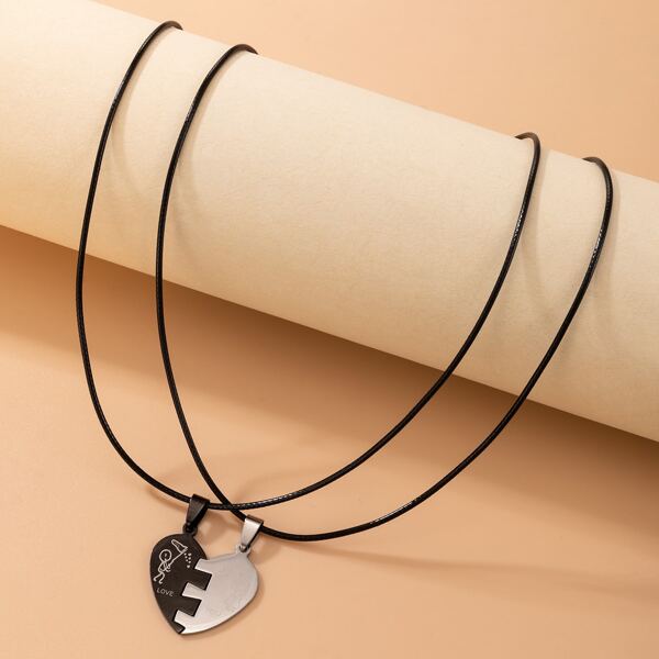 

2pcs Heart Charm Necklace, Multicolor