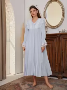 对比色蕾丝荷叶边袖荷叶边下摆睡衣长裙 - 淺藍色 - 查看 1