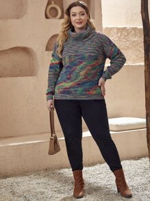 EMERY ROSE Plus Space Dye Turtleneck Drop Shoulder Jumper - Multicolor - View 3