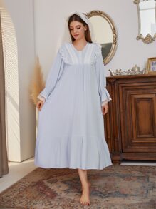 对比色蕾丝荷叶边袖荷叶边下摆睡衣长裙 - 淺藍色 - 查看 6