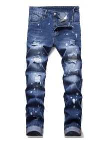 Quần Jeans Nam Nút Túi Bị tách Dây kéo Đồ họa - Rửa trung bình - Xem 1