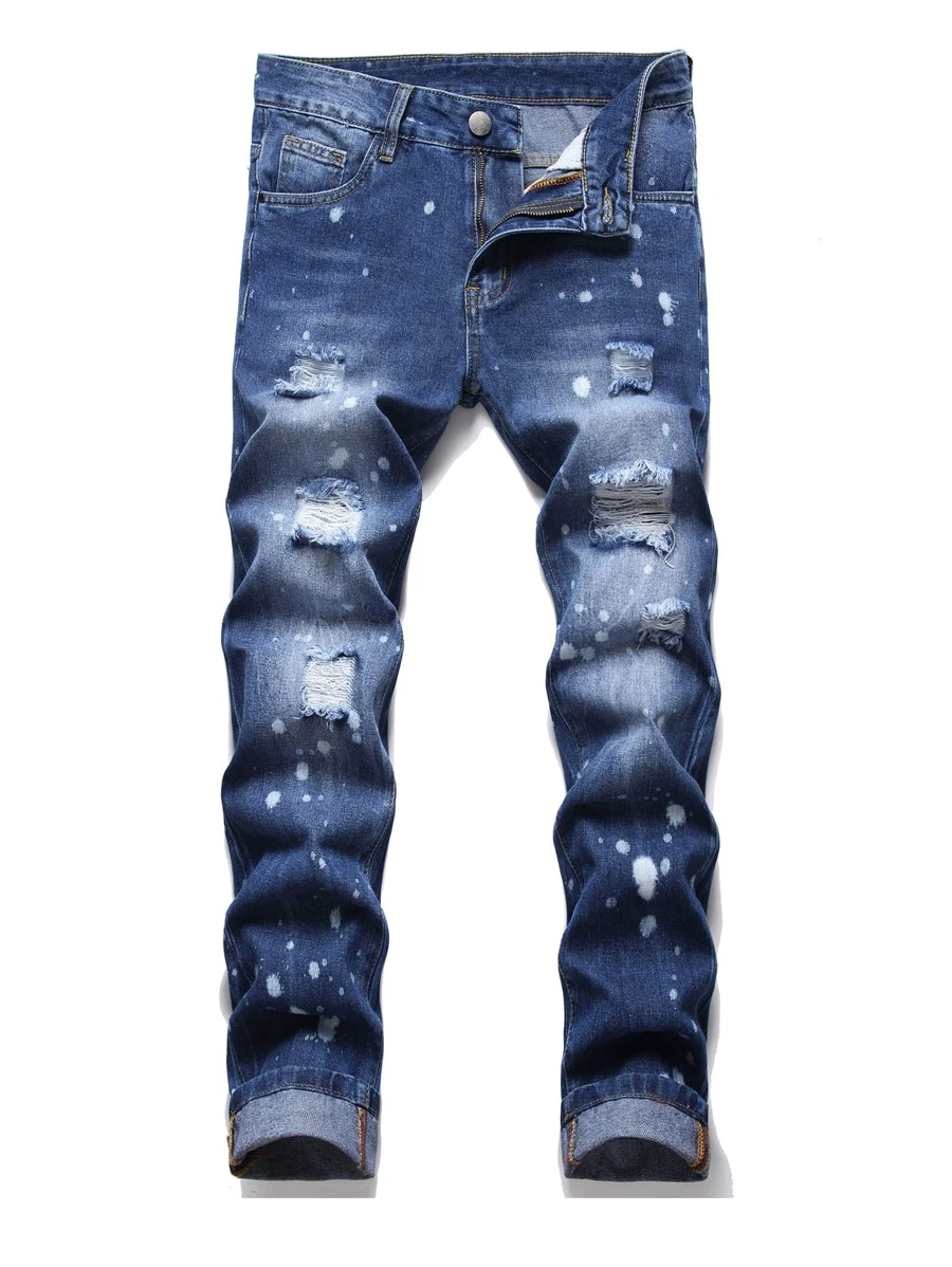 Quần Jeans Nam Nút Túi Bị tách Dây kéo Đồ họa - Rửa trung bình - Xem 1