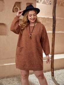 SHEIN 大碼雙口袋落肩袖毛衣裙 - 鏽棕色 - 查看 1