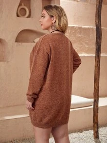 SHEIN 大碼雙口袋落肩袖毛衣裙 - 鏽棕色 - 查看 2