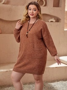 SHEIN 大碼雙口袋落肩袖毛衣裙 - 鏽棕色 - 查看 4