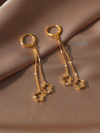 1 Pair Arabic Style Copper Gold-Plated Double-Line Pentagram Tassel Earrings, Suitable For Women's Daily Wear And Holiday Gifts