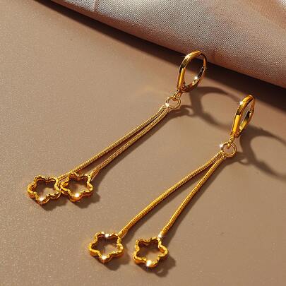 1 Pair Arabic Style Copper Gold-Plated Double-Line Pentagram Tassel Earrings, Suitable For Women's Daily Wear And Holiday Gifts