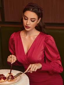 Modelyn Surplice Neck Zip Back Dress - Red - View 5