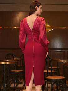 Modelyn Surplice Neck Zip Back Dress - Red - View 2