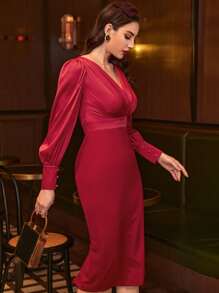 Modelyn Surplice Neck Zip Back Dress - Red - View 4