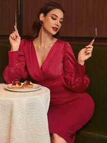 Modelyn Surplice Neck Zip Back Dress - Red - View 1