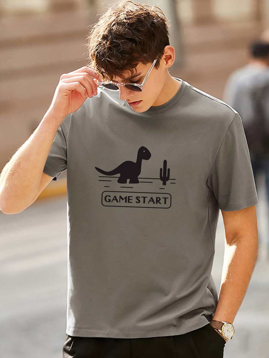 Men Letter & Cartoon Graphic Tee - Dark Grey - View 1