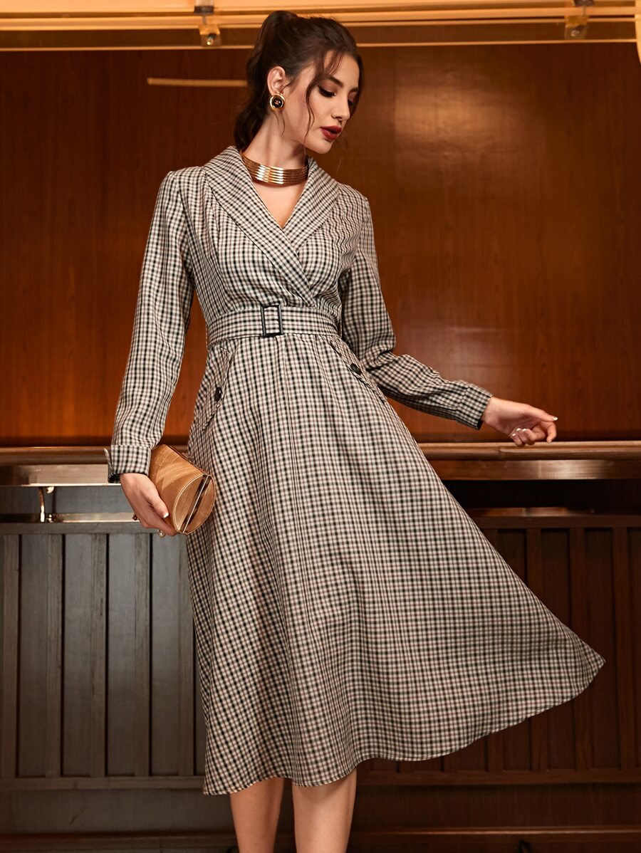 Modelyn Vestido con cinturón de cuadros de cuello esmoquin - Multicolor - Ver 1
