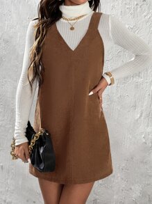 SHEIN PETITE Solid Corduroy Pinafore Dress Without Jumper - Brown - View 1