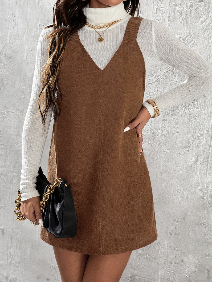 SHEIN PETITE Solid Corduroy Pinafore Dress Without Jumper - Brown - View 1