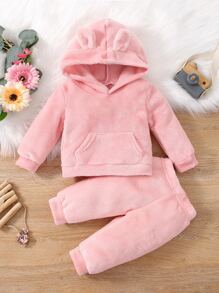 Baby 3D Ears Design Teddy Hoodie & Trousers - Baby Pink - View 1