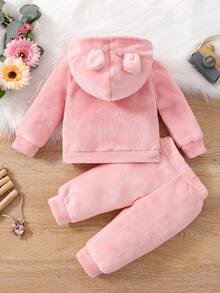Baby 3D Ears Design Teddy Hoodie & Trousers - Baby Pink - View 2