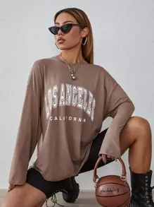 SHEIN MOOSTA 字母图案落肩超大 T 恤图案 T 恤女式上衣，中性秋季女装 - 摩卡棕 - 查看 3