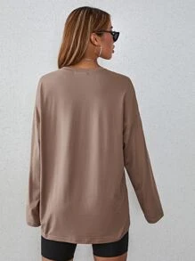 SHEIN MOOSTA 字母图案落肩超大 T 恤图案 T 恤女式上衣，中性秋季女装 - 摩卡棕 - 查看 2