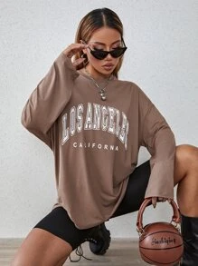 SHEIN MOOSTA 字母图案落肩超大 T 恤图案 T 恤女式上衣，中性秋季女装 - 摩卡棕 - 查看 4